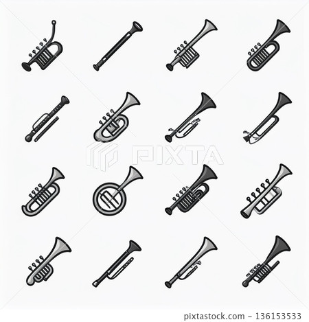 一套簡單的管樂器圖標，例如小號 136153533