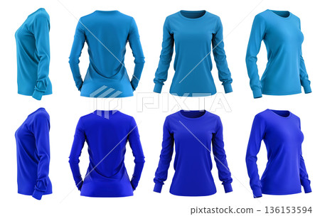 2 Set of woman dark light blue turquoise front, back and side view round neck long sleeve tee shirt t-shirt on transparent background cutout, PNG file. Mockup template for artwork graphic 2 Set of woman dark light blue turquoise front, back and side view round neck long sleeve tee shirt t-shirt on transparent background cutout, PNG file. Mockup template for artwork graphic 136153594