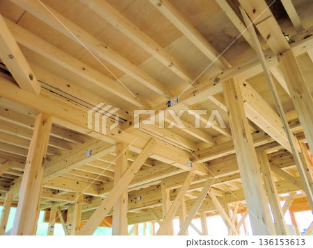 The interior structure of a wooden house with beams and pillars (frame under construction) The interior structure of a wooden house with beams and pillars (frame under construction) 136153613