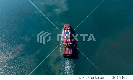 Aerial view container ship carrier container on the sea, Global business logistics and Global trade transportation, Container ship freight shipping import export logistics supply chain. Aerial view container ship carrier container on the sea, Global business logistics and Global trade transportation, Container ship freight shipping import export logistics supply chain. 136153691