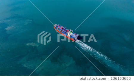 Aerial view container ship carrier container on the sea, Global business logistics and Global trade transportation, Container ship freight shipping import export logistics supply chain. 136153693