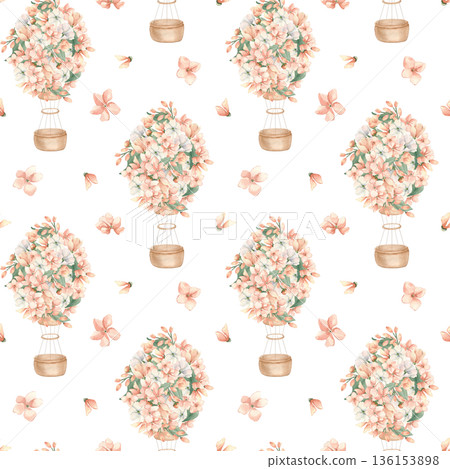 Pink Flowers Air Balloon seamless pattern isolated. Hand drawn pastel aerostat with blossoms for baby decor. Floral balloon in soft peach. Repeat design for girls room wallpaper and accessories. Pink Flowers Air Balloon seamless pattern isolated. Hand drawn pastel aerostat with blossoms for baby decor. Floral balloon in soft peach. Repeat design for girls room wallpaper and accessories. 136153898