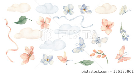 Botanical clipart with butterflies pastel watercolor illustration isolated white. Hand painted set of soft clouds, peach and blue flowers and satin ribbons. Elements for baby textile and stationery. 136153901