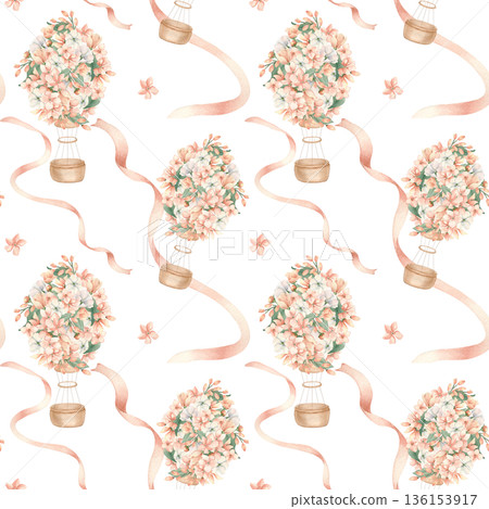 Floral print with ribbons isolated background. Watercolor hot air balloons with basket and pink flowers beige palette hand painted. Seamless pattern for nursery textiles and feminine wrapping paper. Floral print with ribbons isolated background. Watercolor hot air balloons with basket and pink flowers beige palette hand painted. Seamless pattern for nursery textiles and feminine wrapping paper. 136153917