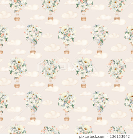 Gentle Balloons on clouds nursery seamless pattern isolated. Airships with white blossoms on beige cloudy sky hand drawn. Neutral endless design for nursery wall art. Soft baby botanical background. Gentle Balloons on clouds nursery seamless pattern isolated. Airships with white blossoms on beige cloudy sky hand drawn. Neutral endless design for nursery wall art. Soft baby botanical background. 136153942