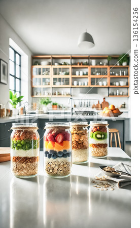 A stylish arrangement of overnight oats jars on a sleek white marble countertop in a contemporary kitchen. The jars are filled with creamy oats, fresh berries, mango, and topped with nuts and seeds 136154256