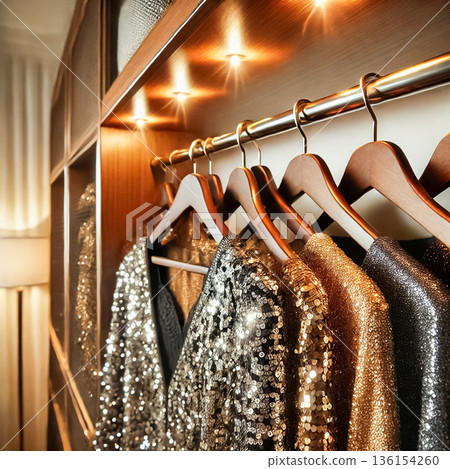 These images feature gold and silver sparkly clothes hanging on dark wooden hangers in a modern, brightly lit closet. The shimmering fabrics catch the natural light, creating a luxurious and glamorous 136154260