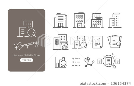 辦公大樓和圖表向量圖示集（線條畫，單色），可用於企業研究和公司宣傳冊。 136154374
