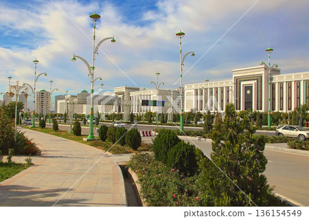 Ashgabat, Turkmenistan - October 20, 2023: View of the avenue in the new microdistrict. Ashgabat, Turkmenistan - October 20, 2023: View of the avenue in the new microdistrict. 136154549