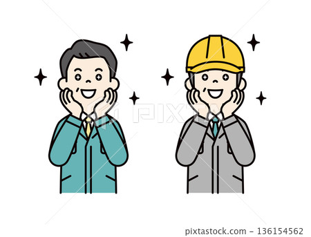一組向量插圖，描繪了一位鼓舞人心的中小企業總裁兼經理和一位戴著頭盔的現場工作人員。 136154562