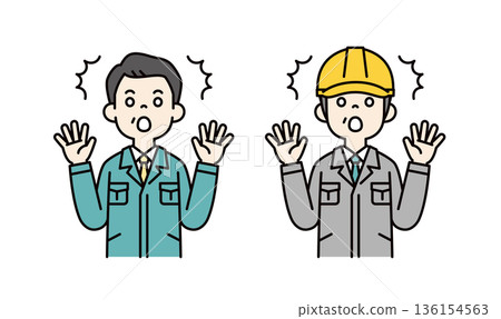一組向量插圖，描繪了一位身穿工作服的工廠經理和一位戴著安全帽、表情驚訝的現場主管。 136154563
