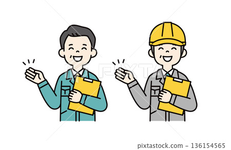 一組向量插圖，描繪了一位微笑的身穿工作服的經理和一位戴著安全帽的現場工人，並解釋道。 136154565