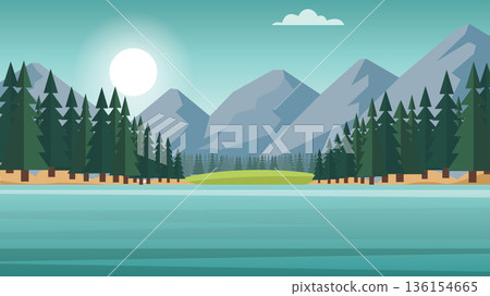 Misty Pine Valley Beside Quiet Lake 136154665