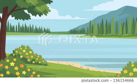 Quiet Garden Scene Beside Small Lake Quiet Garden Scene Beside Small Lake 136154666