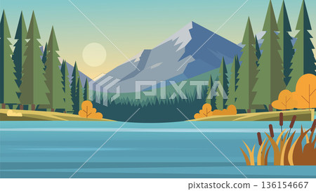Quiet Meadow Lake Between Mountain Hills 136154667