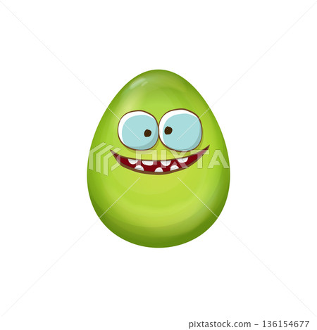 Cartoon green easter egg with smile isolated on white background. Green color egg vector concept illustration. funky sweet easter character with eyes and mouth Cartoon green easter egg with smile isolated on white background. Green color egg vector concept illustration. funky sweet easter character with eyes and mouth 136154677