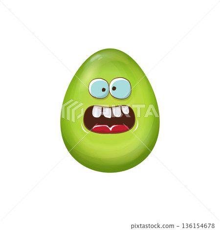 Cartoon green easter egg with smile isolated on white background. Green color egg vector concept illustration. funky sweet easter character with eyes and mouth 136154678
