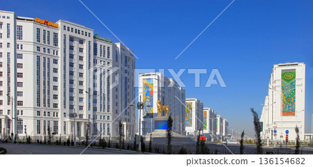 Ashgabat, Turkmenistan. Mart 11, 2021: Monument to the Turkmen Alabai. Alabai: a breed of guard dogs. 136154682