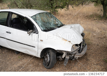 Crashed white sedan beside dry oak trees, crumpled front end, shattered windshield, detached bumper, flat front wheel, dirtstrewn ground, 136154717