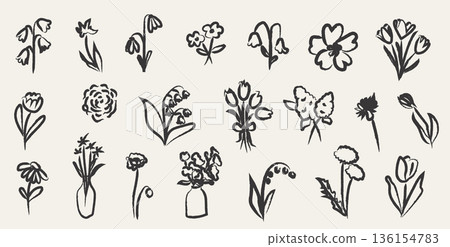 Hand drawn sketchy spring flower collection with rough charcoal line art, naive botanical silhouettes and whimsical floral elements in ink doodle style for seasonal design, decor, scrapbooking. Vector Hand drawn sketchy spring flower collection with rough charcoal line art, naive botanical silhouettes and whimsical floral elements in ink doodle style for seasonal design, decor, scrapbooking. Vector 136154783