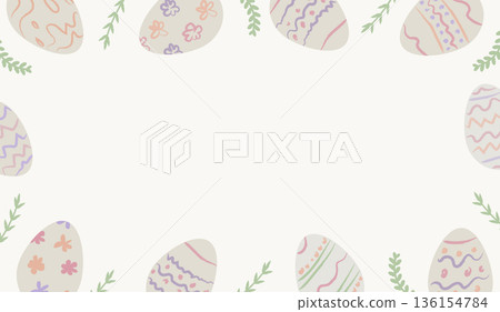 Hand drawn whimsical Easter banner template with decorative eggs and botanical elements frame. Naive sketch style spring background with imperfect crayon texture in pastel colors. Vector illustration. 136154784