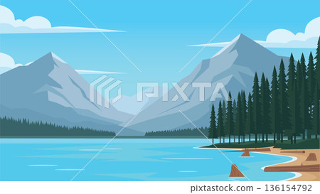 Calm Forest Lakeside Under Clear Sky Calm Forest Lakeside Under Clear Sky 136154792
