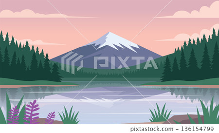 Pastel Evening Sky Above Mountain Lake 136154799