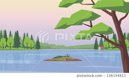 Pine Tree Over Tranquil Water 136154811