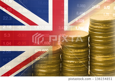 Stock market financial, coin and UK United Kingdom flag. 136154851