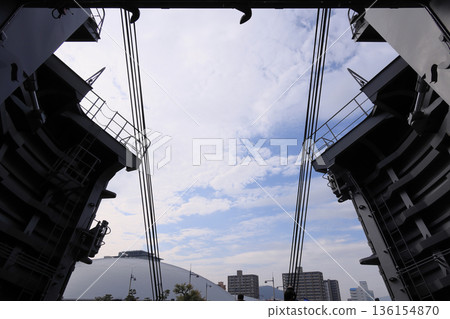 從抵達高松港的自衛隊運輸艦「日本晴號」船首向外望去，可以看到香川穴吹競技場的穹頂。 136154870