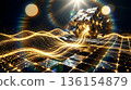 Abstract 3D background material of a collapsing cube emitting golden energy and a luminous grid floor 136154879