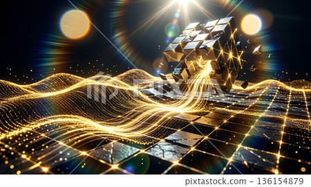 Abstract 3D background material of a collapsing cube emitting golden energy and a luminous grid floor Abstract 3D background material of a collapsing cube emitting golden energy and a luminous grid floor 136154879