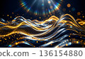 3D abstract fluid wave background material with golden particles and shining blue light 136154880