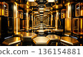 3D background material of a futuristic luxury corridor with beautiful golden hexagonal pillars and metallic shine 136154881