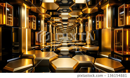 未來主義豪華走廊的3D背景素材，配有精美的金色六角形立柱和金屬光澤。 136154881