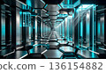 3D background material of a futuristic sci-fi corridor with metallic hexagonal pillars and glowing cyan neon lights 136154882