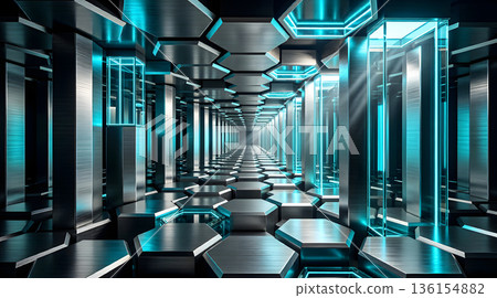 3D background material of a futuristic sci-fi corridor with metallic hexagonal pillars and glowing cyan neon lights 3D background material of a futuristic sci-fi corridor with metallic hexagonal pillars and glowing cyan neon lights 136154882