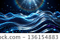 Abstract 3D background material with shining blue light particles and metallic fluid waves 136154883