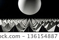 A floating giant sphere with a white paper texture and a geometric field of square pyramids. Low-angle 3D art. 136154887