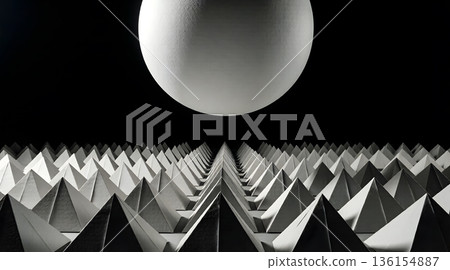 A floating giant sphere with a white paper texture and a geometric field of square pyramids. Low-angle 3D art. A floating giant sphere with a white paper texture and a geometric field of square pyramids. Low-angle 3D art. 136154887