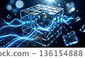 Abstract 3D background material of luminous data particles and collapsing blue glass cubes 136154888