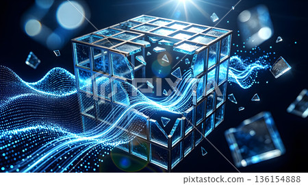 Abstract 3D background material of luminous data particles and collapsing blue glass cubes Abstract 3D background material of luminous data particles and collapsing blue glass cubes 136154888