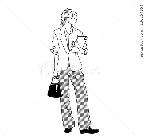 單色線條畫女性時尚插畫圍巾和平板電腦 單色線條畫女性時尚插畫圍巾和平板電腦 136154954