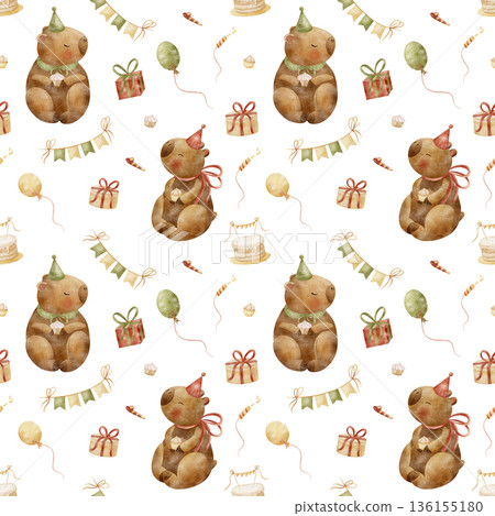 Pattern capybara birthday party, cake, cupcakes, balloons, garland. Watercolor illustrations in childish style. Seamless print hand-drawn on isolated background for textiles, baby clothes, packaging Pattern capybara birthday party, cake, cupcakes, balloons, garland. Watercolor illustrations in childish style. Seamless print hand-drawn on isolated background for textiles, baby clothes, packaging 136155180