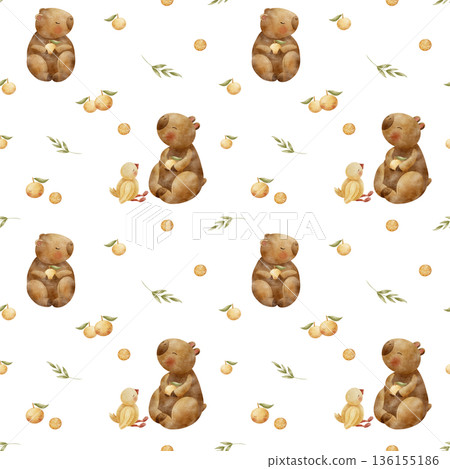 Pattern of capybara duck fruit, tangerines oranges. Hand-drawn watercolor illustration in childish style. Seamless print on isolated background for textiles, fabrics, baby clothes, wallpaper packaging 136155186