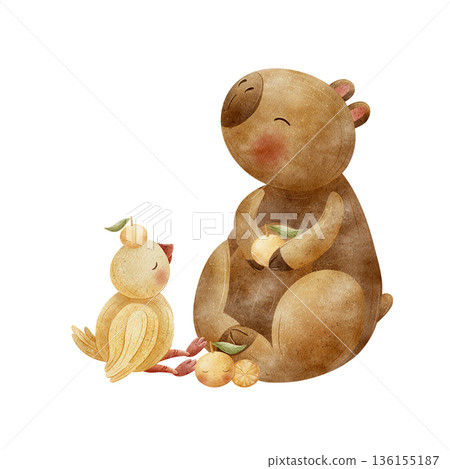 Capybara duck fruits tangerines, oranges. Watercolor animal illustrations in childish style. Hand drawn isolated from background for card design, invitations, poster, party packaging, baby shower 136155187