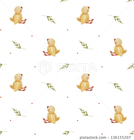 Pattern duck, farm bird, green leaves. Hand-drawn watercolor illustration in childish style. Seamless print duckling isolated from background for textiles, fabrics, baby clothes, wallpaper, packaging 136155207