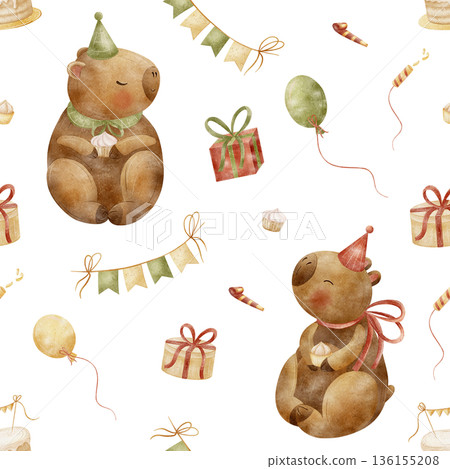 Pattern capybara birthday party, cake, cupcakes, balloons, garland. Watercolor illustrations in childish style. Seamless print hand-drawn on isolated background for textiles, baby clothes, packaging Pattern capybara birthday party, cake, cupcakes, balloons, garland. Watercolor illustrations in childish style. Seamless print hand-drawn on isolated background for textiles, baby clothes, packaging 136155208