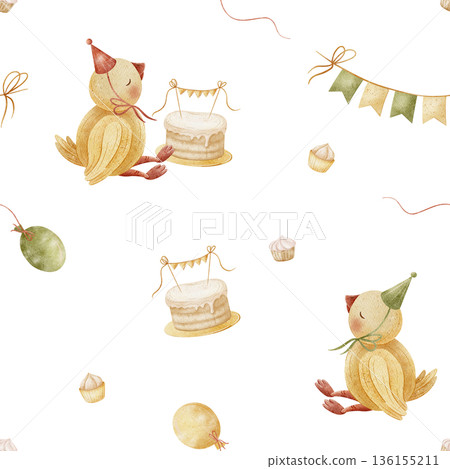 Pattern duck cake, cupcakes, birthday party air hot balloons. Watercolor illustrations in childish style. Seamless print hand-drawn on isolated background for textiles, fabrics, baby clothes packaging Pattern duck cake, cupcakes, birthday party air hot balloons. Watercolor illustrations in childish style. Seamless print hand-drawn on isolated background for textiles, fabrics, baby clothes packaging 136155211