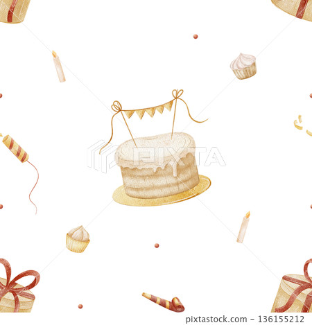 Pattern birthday cake, cupcakes, gift box, candles party garland. Watercolor illustrations in childish style. Seamless print hand-drawn isolated background for textiles fabrics baby clothes packaging Pattern birthday cake, cupcakes, gift box, candles party garland. Watercolor illustrations in childish style. Seamless print hand-drawn isolated background for textiles fabrics baby clothes packaging 136155212